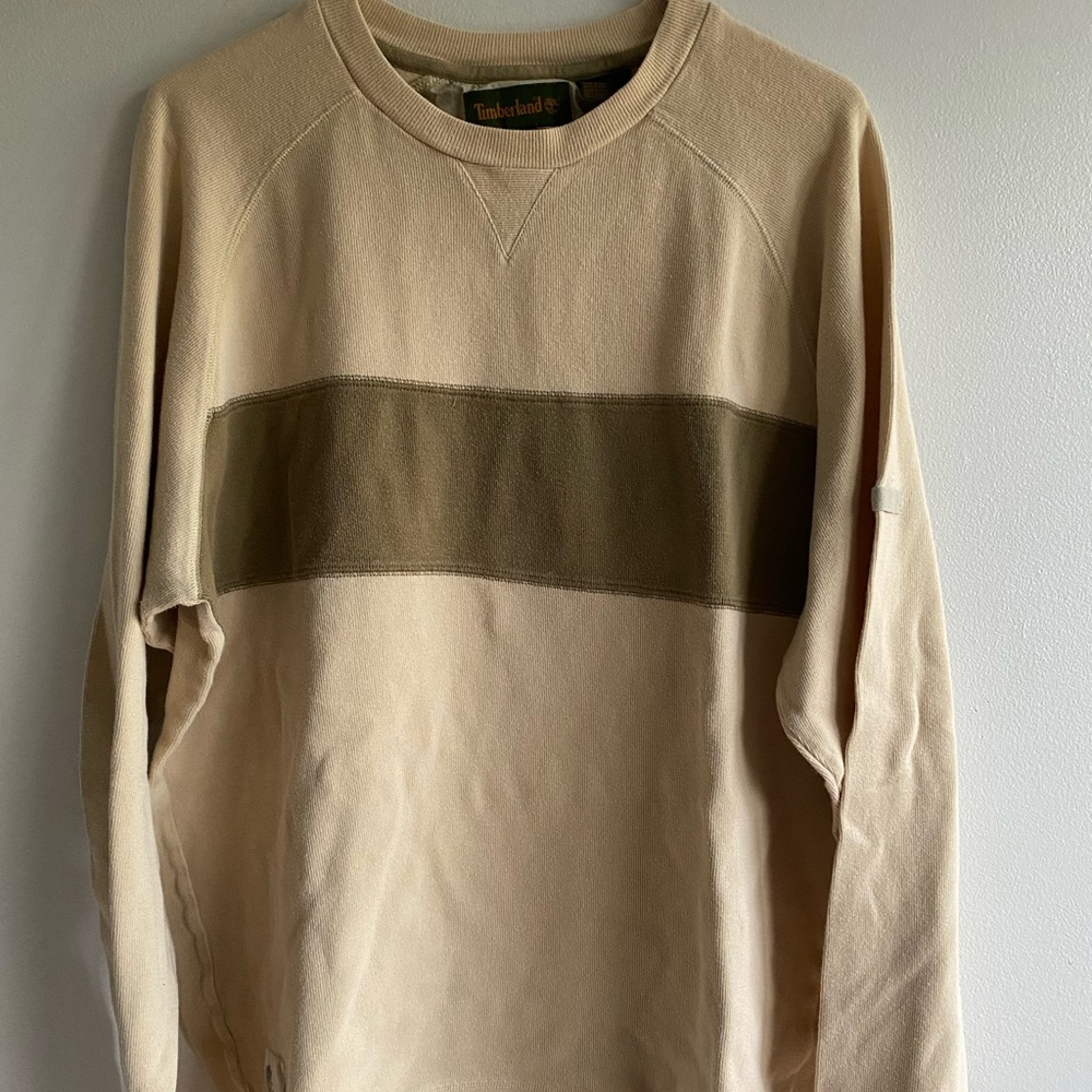Vintage Timberland Men’s Crew Neck Pullover, Cream, Tan Stripe, 100% Cotton, XL